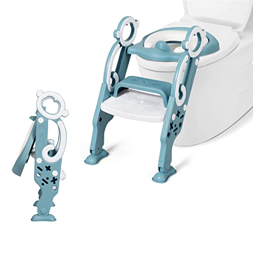 COSTWAY Kinder Toilettensitz höhenverstellbar, Toilettentrainer faltbar, Kindertoilette mit Leiter und Griffe, Töpfchentrainer für Toiletten 39-42 cm über Boden für Kinder 2 bis 7 Jahre (Grün) von COSTWAY