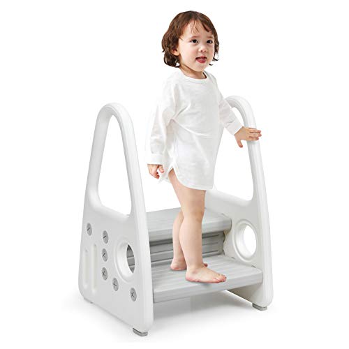 COSTWAY Kinder Tritthocker, 2 stufiger Trittschemel, Kinderschemel aus Kunststoff, Trittleiter perfekt für Kinderzimmer, Küche und Badezimmer (Grau) von COSTWAY