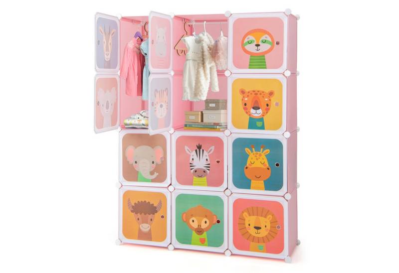 COSTWAY Kinderkleiderschrank mit 2 Kleiderstängen und 12 Würfeln, erweiterbar von COSTWAY