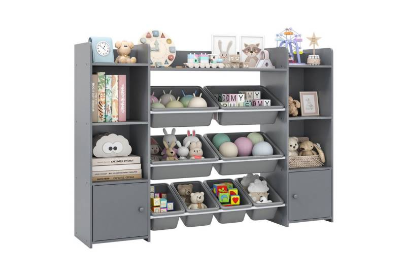 COSTWAY Kinderregal, 4-stöckiges Spielzeugregal mit 8 Boxen, Holz, grau von COSTWAY