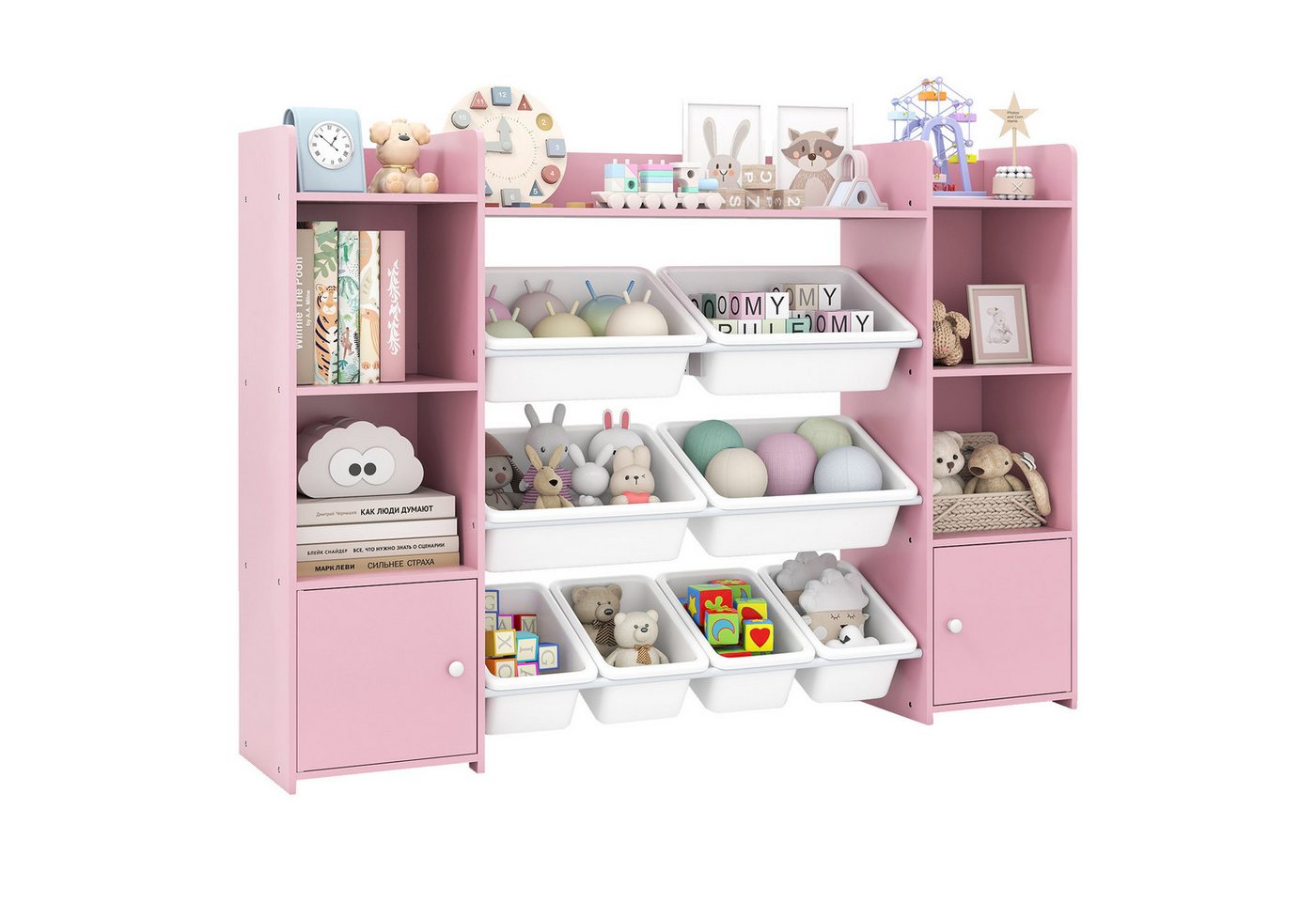 COSTWAY Kinderregal, 4-stöckiges Spielzeugregal mit 8 Boxen, Holz, rosa von COSTWAY