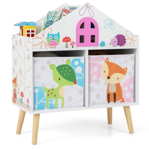 COSTWAY Kinderregal, Bücherregal Kinder mit 2 Aufbewahrungsboxen, Spielzeugtruhe Holz, Spielzeugregal für Kinderzimmer Spielzimmer, 62 x 30 x 72 cm von COSTWAY