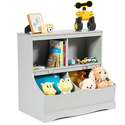 COSTWAY Kinderregal, Spielzeugregal mit 4 Fächern, Bücherregal für Kinder, Aufbewahrungsregal, Spielzeug Organizer für Kinderzimmer und Spielzimmer, 67 x 40 x 62 cm, Grau von COSTWAY