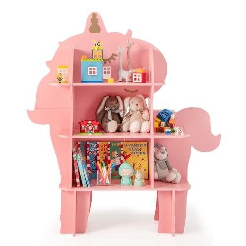 COSTWAY Kinderregal 3 Ebenen, Spielzeugregal Holz mit offenen Regalen, Niedliches Bücherregal Kinder Kinderzimmer Regal für Kinderzimmer, Spielzimmer, Kindergarten (Rosa,Einhorn) von COSTWAY
