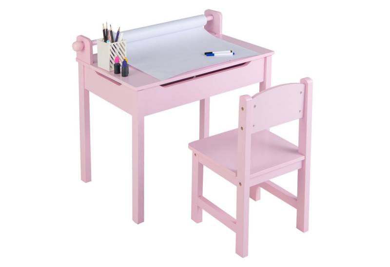 COSTWAY Kinderschreibtisch mit Stuhl Set & Papierrollenhalter, mit Papierrollenhalter von COSTWAY