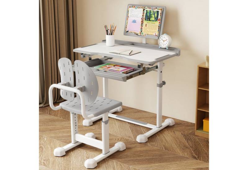 COSTWAY Kinderschreibtisch (2-St), mit Stuhl, kippbar & höhenverstellbar von COSTWAY