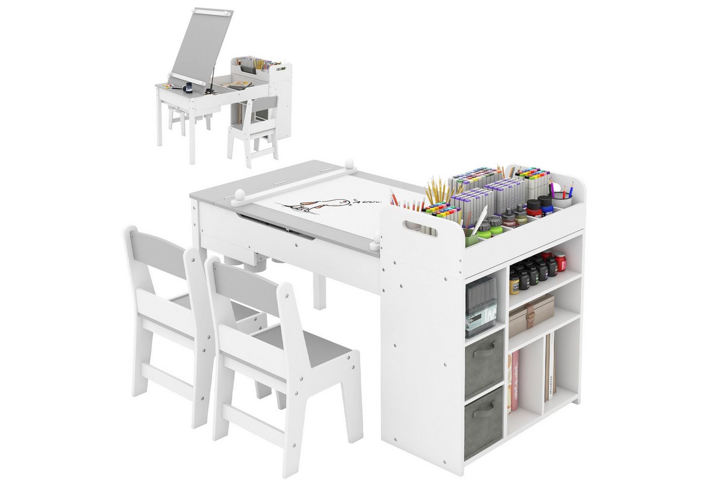 COSTWAY Kinderschreibtisch (3-St), Kindersitzgruppe mit klappbarer Tischplatte von COSTWAY