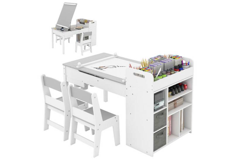 COSTWAY Kinderschreibtisch (3-St), Kindersitzgruppe mit klappbarer Tischplatte von COSTWAY