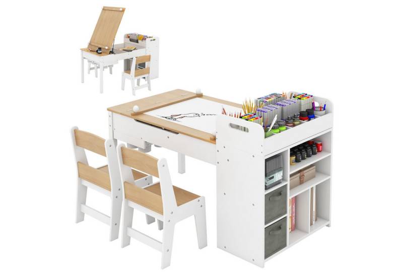 COSTWAY Kinderschreibtisch (3-St), Kindersitzgruppe mit klappbarer Tischplatte von COSTWAY