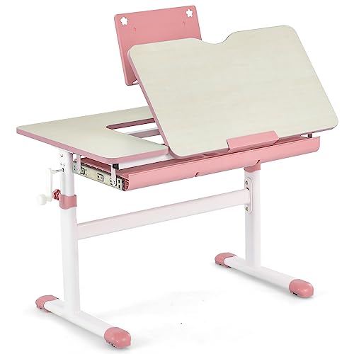 COSTWAY Kinderschreibtisch 51-73cm Höhenverstellbar, Schülerschreibtisch mit neigbarer Tischplatte, Bücherständer, Schublade & Messlineal, ergonomischer Jugendschreibtisch für 3-12 Jahre Kinder (Rosa) von COSTWAY