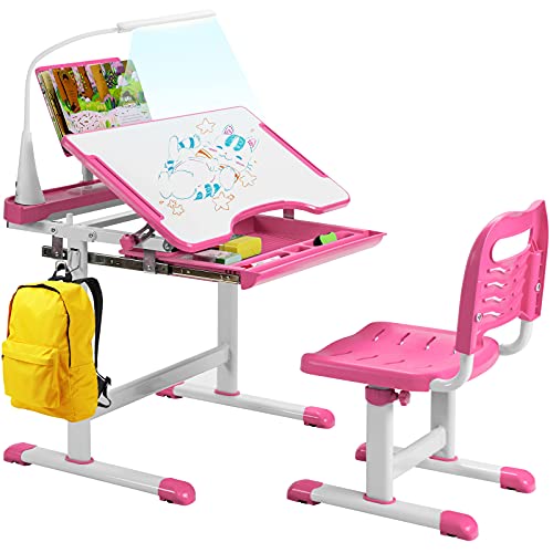 COSTWAY Kinderschreibtisch Set mit Bücherständer & LED-Licht, höhenverstellbarer Kindertisch und Stuhl mit gekippter Tischplatte & Schublade, Kinder Schreibtisch für Jungs & Mädchen (Rosa) von COSTWAY