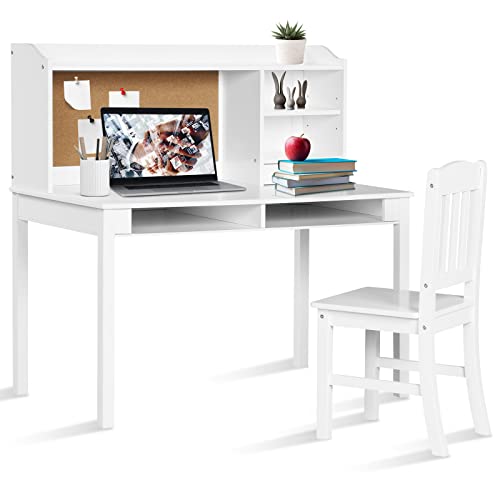 COSTWAY Kinderschreibtisch Set mit Pinnwand, Schreibtisch Kinder mit Stuhl, Jugendschreibtisch mit Aufsatz, Schubladen & verstellbarem Regal, Schülerschreibtisch aus Holz für Kinderzimmer (Weiß) von COSTWAY
