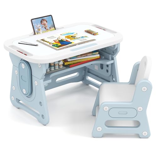 COSTWAY Kinderschreibtisch Set mit Stuhl, Kindertisch inkl. neigbarem Whiteboard, Buchständer & konkaver Ablage, Schreibtisch Kinderstuhl für Jungen und Mädchen ab 3 Jahren (Blau) von COSTWAY