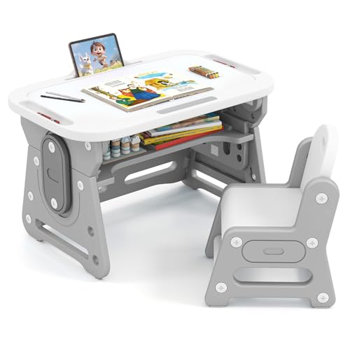COSTWAY Kinderschreibtisch Set mit Stuhl, Kindertisch inkl. neigbarem Whiteboard, Buchständer & konkaver Ablage, Schreibtisch Kinderstuhl für Jungen und Mädchen ab 3 Jahren (Grau) von COSTWAY