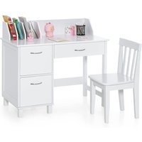 COSTWAY Kinderschreibtisch Set mit Stuhl, Schublade und Aufbewahrungsschrank, Kindersitzgruppe Holz, Schülerschreibtisch Set Weiss von COSTWAY