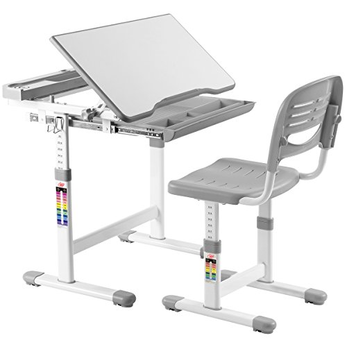 COSTWAY Kinderschreibtisch höhenverstellbar, Schreibtisch kinder mit Schublade & neigungsverstellbarer Tischplatte, Kindertisch mit Stuhl, Schülerschreibtisch Jugendschreibtisch für Kleinkinder (Grau) von COSTWAY