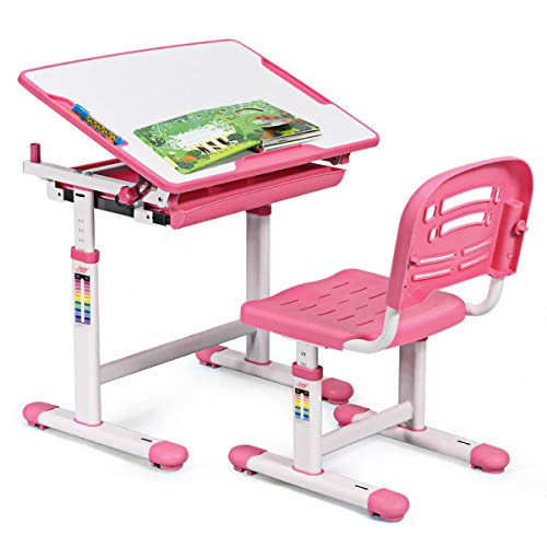 COSTWAY Kinderschreibtisch höhenverstellbar, Schülerschreibtisch Kindermöbel neigungsverstellbar, Kindertisch mit Stuhl, Schreibtisch Kinder, Farbewahl (Rosa) von COSTWAY