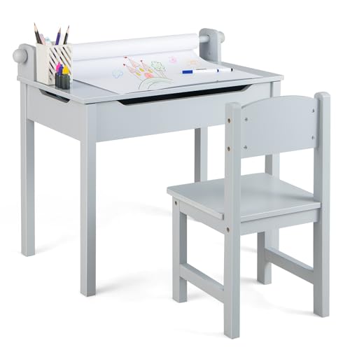 COSTWAY Kinderschreibtisch mit Stuhl, Kindertisch mit klappbarer Tischplatte, Jugendschreibtisch mit Papierrollenhalter & Markern, Schülerschreibtisch für Kinder ab 3 Jahren (Grau) von COSTWAY