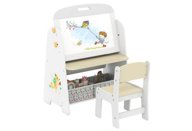COSTWAY Kindersitzgruppe, (2-tlg), Kindertisch mit 2 Stühlen, 4-in-1 Kunststaffelei von COSTWAY