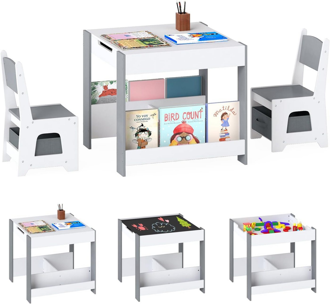 COSTWAY Kindersitzgruppe, (3-tlg), 4-in-1 Kindertisch mit 2 Stühlen, Stauraum von COSTWAY