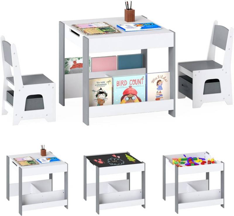 COSTWAY Kindersitzgruppe, (3-tlg), 4-in-1 Kindertisch mit 2 Stühlen, Stauraum von COSTWAY