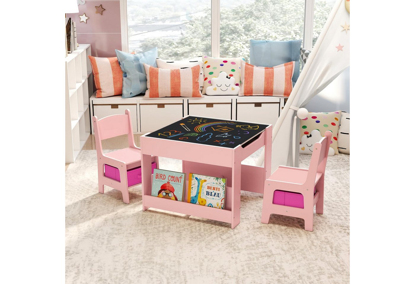 COSTWAY Kindersitzgruppe, (3-tlg), Holz mit Aufbewahrungsboxen & Bücherregalen von COSTWAY