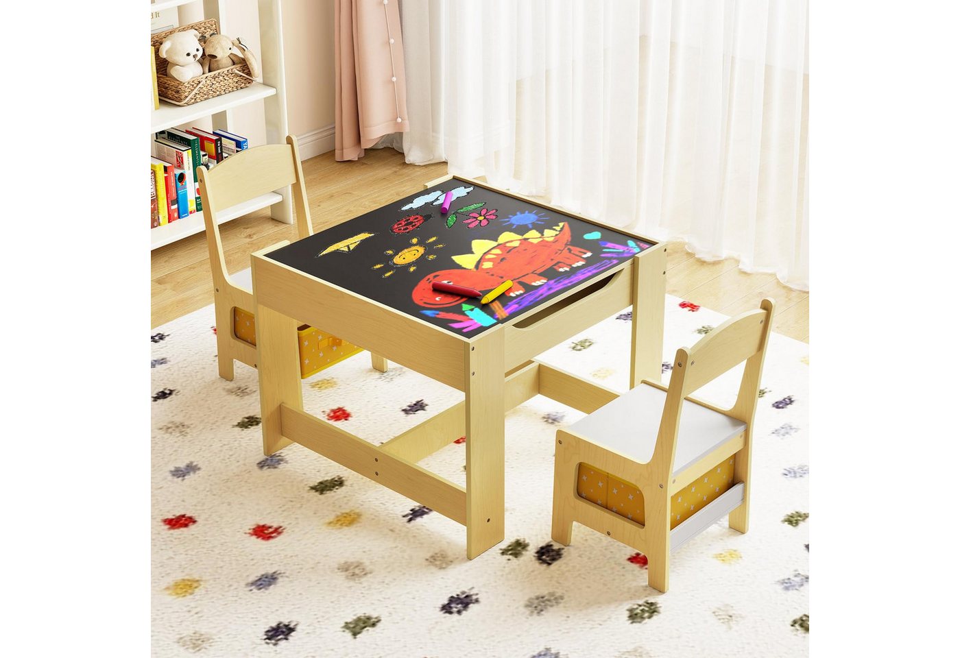 COSTWAY Kindersitzgruppe, 3tlg. Kindertisch mit 2 Stühlen, Stauraum & Tafel von COSTWAY
