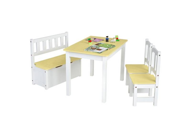 COSTWAY Kindersitzgruppe, Kindertisch mit 2 Stühlen, Sitzbank mit Stauraum von COSTWAY