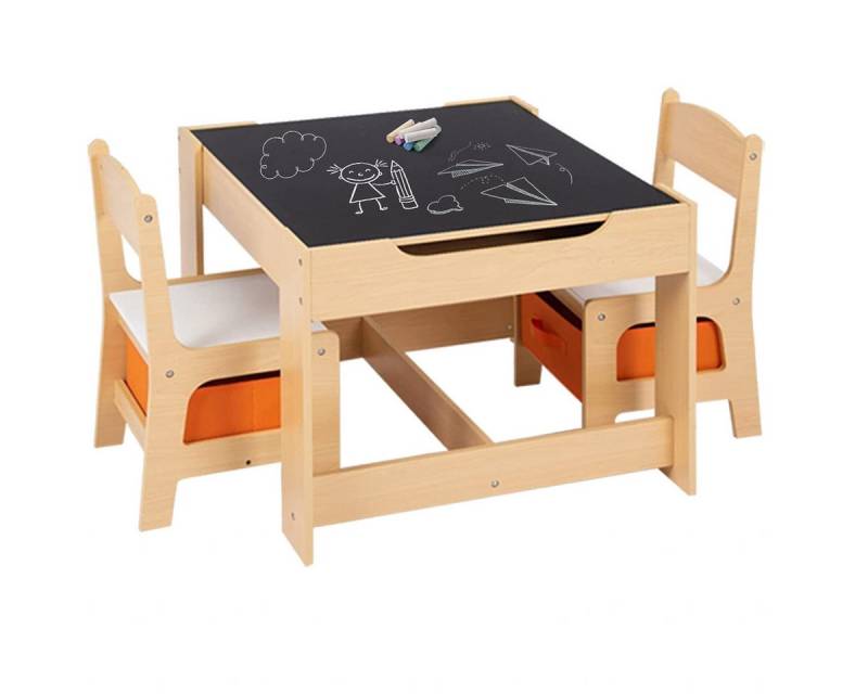 COSTWAY Kindersitzgruppe 3 TLG. mit 2 Stühlen, mit Stauraum & Tafel von COSTWAY