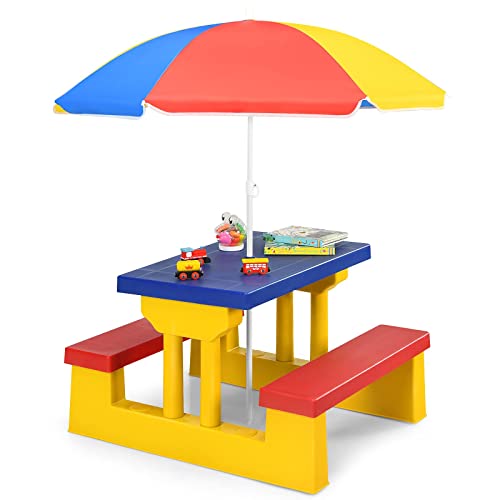 COSTWAY Kindersitzgruppe Outdoor mit Sonnenschirm, Kinder Picknicktisch mit Tisch & 2 Sitzbänke, Kinder Sitzgarnitur Garten, Kindertisch Gartenmöbel für Hinterhof, Terrasse (Gelb) von COSTWAY