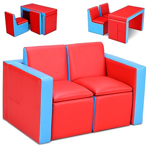 COSTWAY Kindersofa, 2 in 1 Doppelsofa umwandelbar, Tisch und Zwei Stühle, Kindersessel mit Holzrahmen und PVC-Oberfläche, Kindercouch mit Stauraum von COSTWAY