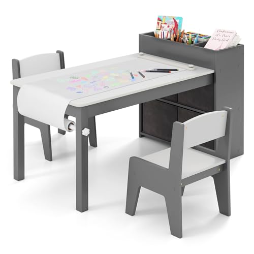 COSTWAY Kindertisch mit 2 Stühlen, 2 in 1 Kindersitzgruppe aus Holz mit Stauraum, Kinder Tisch Stuhl Set mit Papierrollenhalter & 4 Stoffbehältern, Maltisch für Kinder ab 3 Jahren (Grau) von COSTWAY