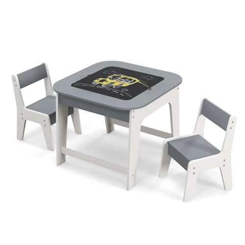 COSTWAY Kindertisch mit 2 Stühlen, 3 TLG Kindersitzgruppe Holz mit Doppelseitiger Tischplatte, 3 in 1 Zeichentisch & Basteltisch & Aktivitätstisch mit Stauraum für Kleinkinder (Grau) von COSTWAY