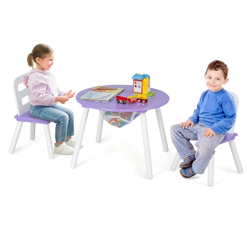 COSTWAY Kindertisch mit 2 Stühlen, 3 TLG. Kindersitzgruppe aus Holz, Kindersitzgarnitur mit Abnehmbarer Tischdeckel & Aufbewahrungsbeutel, Kindermöbel-Set stapelbar für Jungen Mädchen (Lila) von COSTWAY