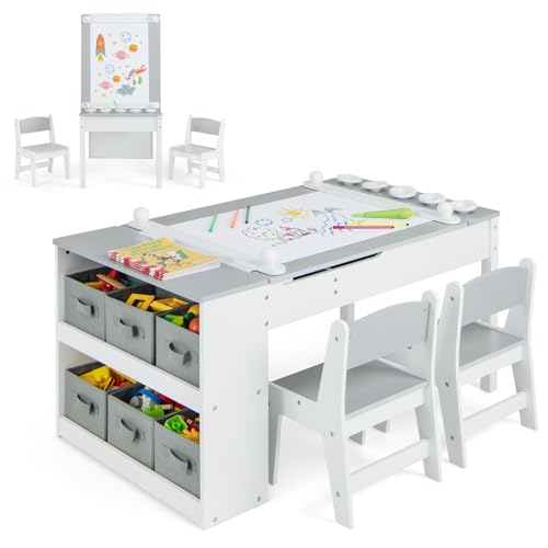 COSTWAY Kindertisch mit 2 Stühlen, 3 in 1 Aktivitätstisch & Staffelei Holz mit anhebbarer Tischplatte, Farbbechern, 6 Stoffbehältern & Papierrolle, Kindersitzgruppe für ab 3 Jahren, 109x60x55cm, Grau COSTWAY Kindertisch mit 2 Stühlen, 3 in 1 Aktivitätstisch & Staffelei Holz mit anhebbarer Tischplatte, Farbbechern, 6 Stoffbehältern & Papierrolle, Kindersitzgruppe für ab 3 Jahren, 109x60x55cm, Grau von COSTWAY