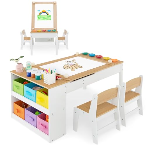 COSTWAY Kindertisch mit 2 Stühlen, 3 in 1 Aktivitätstisch & Staffelei aus Holz mit anhebbarer Tischplatte mit Farbbechern, 6 Stoffbehältern & Papierrolle, Kindersitzgruppe für ab 3 Jahren (Natural) COSTWAY Kindertisch mit 2 Stühlen, 3 in 1 Aktivitätstisch & Staffelei aus Holz mit anhebbarer Tischplatte mit Farbbechern, 6 Stoffbehältern & Papierrolle, Kindersitzgruppe für ab 3 Jahren (Natural) von COSTWAY