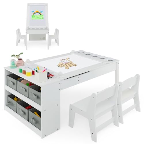 COSTWAY Kindertisch mit 2 Stühlen, 3 in 1 Aktivitätstisch & Staffelei aus Holz mit anhebbarer Tischplatte mit Farbbechern, 6 Stoffbehältern & Papierrolle, Kindersitzgruppe für ab 3 Jahren (Weiß) COSTWAY Kindertisch mit 2 Stühlen, 3 in 1 Aktivitätstisch & Staffelei aus Holz mit anhebbarer Tischplatte mit Farbbechern, 6 Stoffbehältern & Papierrolle, Kindersitzgruppe für ab 3 Jahren (Weiß) von COSTWAY