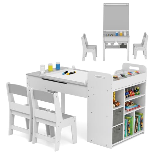 COSTWAY Kindertisch mit 2 Stühlen, 3 in 1 Maltisch+Staffelei Holz mit Stauraum, Kindersitzgruppe mit anhebbarer Tischplatte & abnehmbarem Ablagetablett, Basteltisch Kinder für ab 3 Jahren (Grau) COSTWAY Kindertisch mit 2 Stühlen, 3 in 1 Maltisch+Staffelei Holz mit Stauraum, Kindersitzgruppe mit anhebbarer Tischplatte & abnehmbarem Ablagetablett, Basteltisch Kinder für ab 3 Jahren (Grau) von COSTWAY