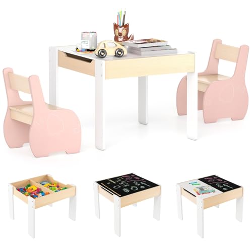COSTWAY Kindertisch mit 2 Stühlen, 3 teilige Kindersitzgruppe aus Holz mit wendbarer & abnembarer Tischplatte, Kinder Maltisch mit Stauraum, Kindermöbel Sitzgruppe für Kinder ab 3 Jahren (Rosa) von COSTWAY