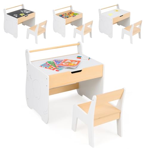 COSTWAY Kindertisch mit Stuhl, 3 in 1 Kindersitzgruppe aus Holz mit wendbarer & abnembarer Tischplatte, Kinder Maltisch mit Stauraum & Papierrollenhalter, Sitzgruppe für Kinder ab 3 Jahren (Weiß) von COSTWAY