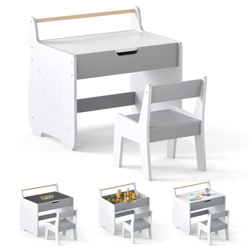 COSTWAY Kindertisch mit Stuhl, 3 in 1 Kindersitzgruppe aus Holz mit wendbarer & abnembarer Tischplatte, Kinder Maltisch mit Stauraum & Papierrollenhalter, Sitzgruppe für Kinder ab 3 Jahren (Grau+Weiß) von COSTWAY