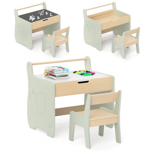 COSTWAY Kindertisch mit Stuhl, 3 in 1 Kindersitzgruppe aus Holz mit wendbarer & abnembarer Tischplatte, Kinder Maltisch mit Stauraum & Papierrollenhalter, Sitzgruppe für Kinder ab 3 Jahren von COSTWAY