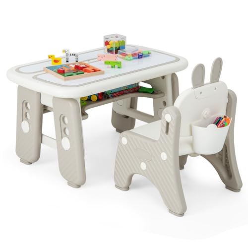 COSTWAY Kindertisch mit Stuhl, Kindersitzgruppe mit Stauraum, Kinder Tisch höhenverstellbar mit aufklappbarem Bücherregal & magnetischem Zeichenbrett, Maltisch für Kinder ab 1 Jahr von COSTWAY