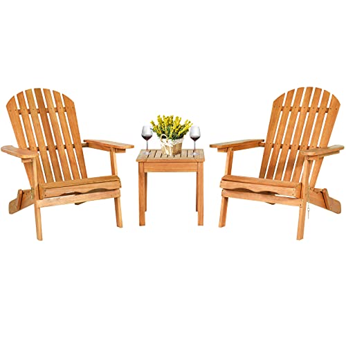 COSTWAY Klappbare Adirondack Stühle mit Tisch, 2er Set Adirondack Chairs aus Eukalyptusholz, Gartensessel mit hoher Rückenlehne & Breiten Armlehnen für Garten, Balkon, Terrasse, 180 kg Tragfähigkeit von COSTWAY