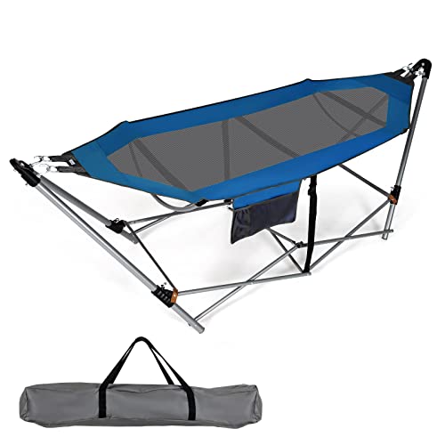 COSTWAY Klappbare Hängematte mit Gestell und Seitentasche, Hängemattengestell bis 150 kg belastbar, tragbar, inklusive Tragetasche, für Indoor & Outdoor (Blau) von COSTWAY