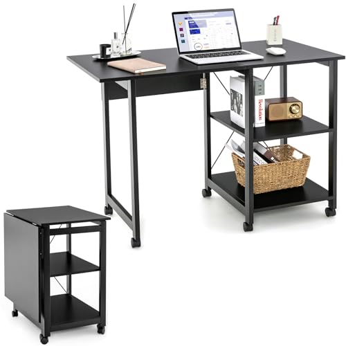 COSTWAY Klappbarer Computertisch, Moderner Schreibtisch mit 2-stufigen Ablagefächern & 6 Rädern, PC Tisch Laptoptisch Arbeitstisch für Zuhause Heimbüro (Schwarz) von COSTWAY