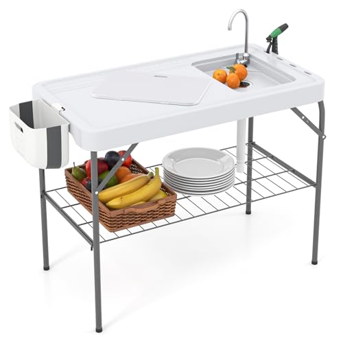 COSTWAY Klappbarer Fischreinigungstisch, Filetiertisch mit Spüle, Gitterablage, Wasserhahn, Sprühdüse, Müllbeutelhalter & Messerschlitz, Campingtisch für Garten, Terrasse & zum Angeln von COSTWAY