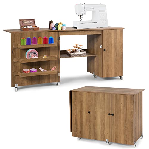 COSTWAY 2 in 1 Nähtisch Nähschrank klappbar, Basteltisch mit Arbeitsplatte & Ablagen & Türschrank, Mobiler Schreibtisch mit abschließbaren Rollen, Nähmaschinentisch Nähmöbel, 158x50x75cm (Natur) von COSTWAY