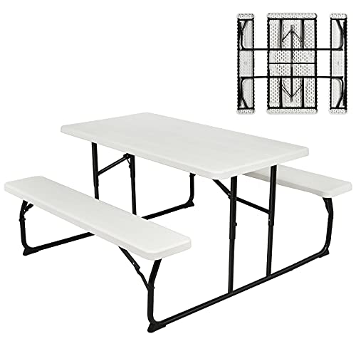 COSTWAY Klappbarer Picknicktisch mit Bänken, 136 cm Campingtisch-Set für draußen, Bierzeltgarnitur Biertischgarnitur für Terrasse, Garten (Weiß) von COSTWAY