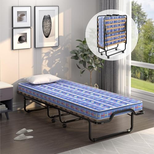 COSTWAY Klappbett für Einzelbett, Erwachsene, 200 x 80 cm, mit Memory-Schaum-Matratze, Klappbett mit 4 Rädern und Lattenrost mit 15 Latten aus Holz für Wohnzimmer (blau) von COSTWAY